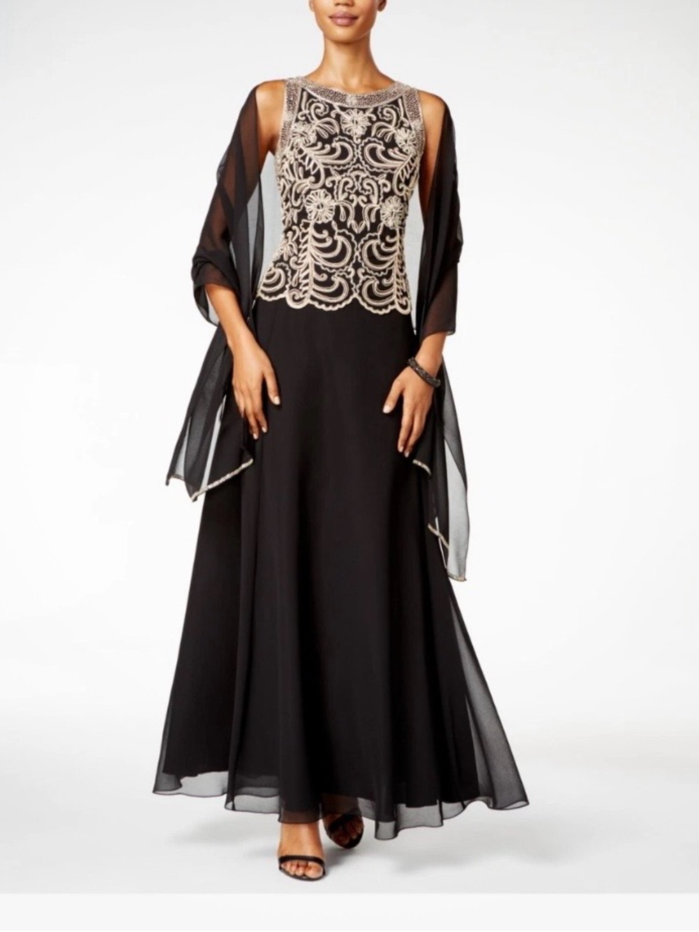 J Kara Black Maxi Formal Gown Embroidered Beaded Floral Bodice Sz 6 No Scarf